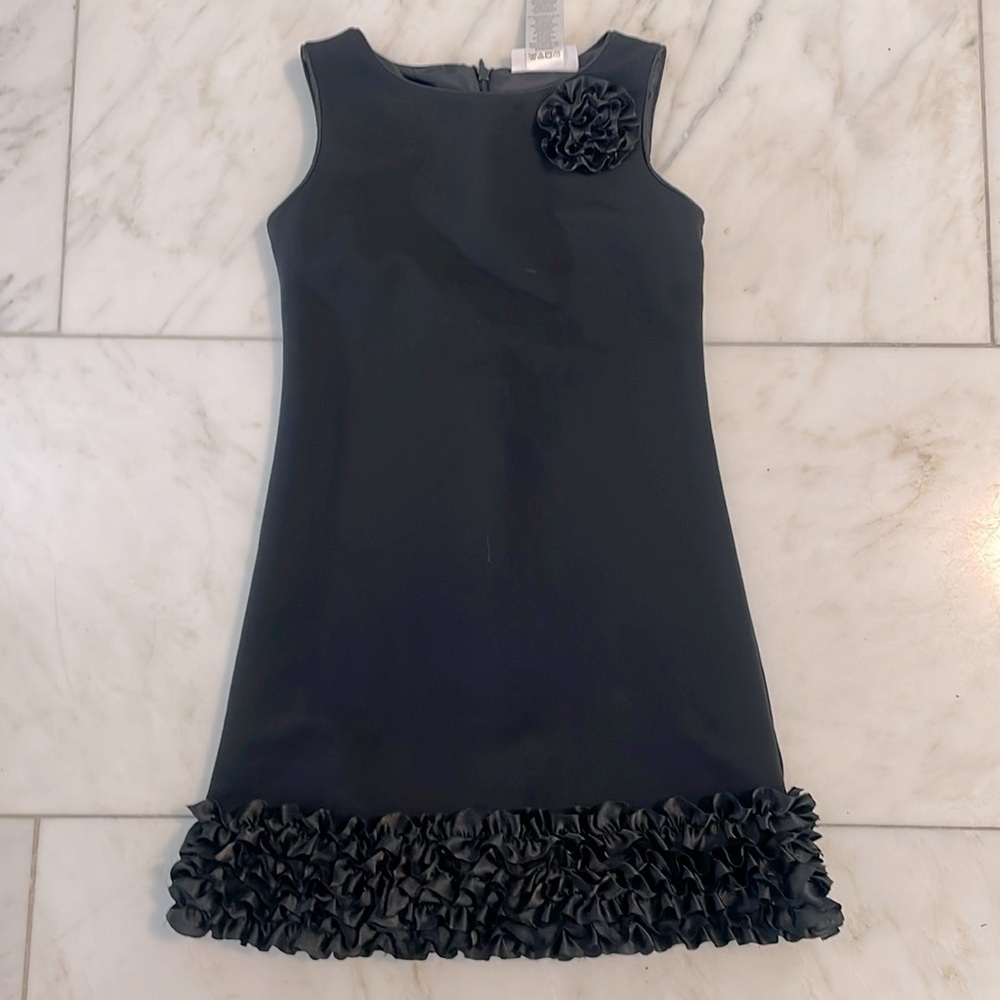 Sweet Heart Rose, girls 6, black midi sleeveless ruffle dress w rose appliqué